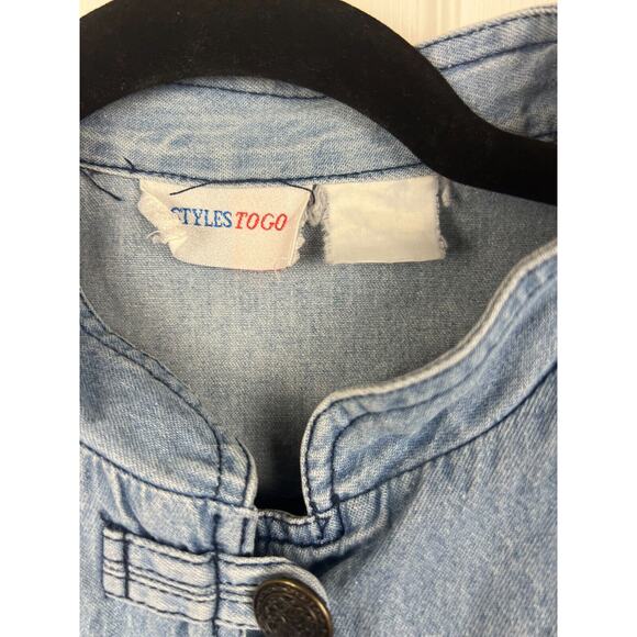 80s long sleeve denim jean embroidered boho romper one piece Large Boho - Picture 2 of 8